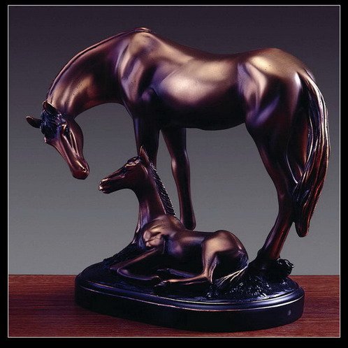 Bronze Equestrian Mom and Baby Foal Horse Sculpture Statue Figurine